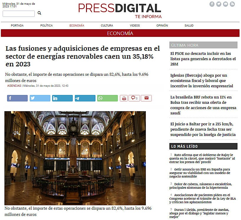 Las fusiones y adquisiciones de empresas en el sector de energas renovables caen un 35,18% en 2023